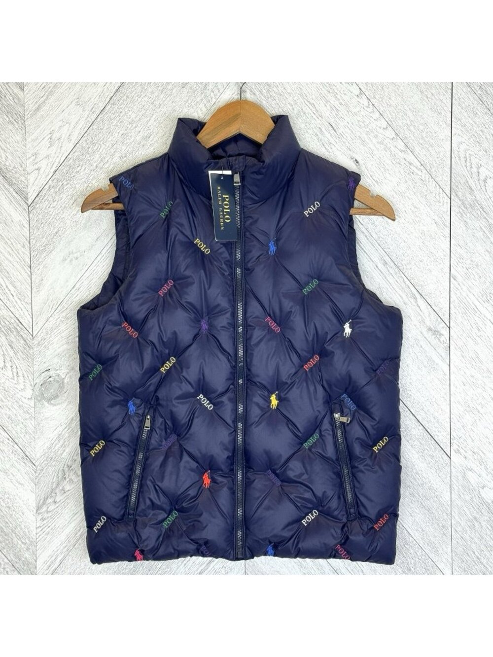 Polo Ralph Lauren Down Puffer Vest  Logo Print Navy Kids Unisex Large 12-14 NWT